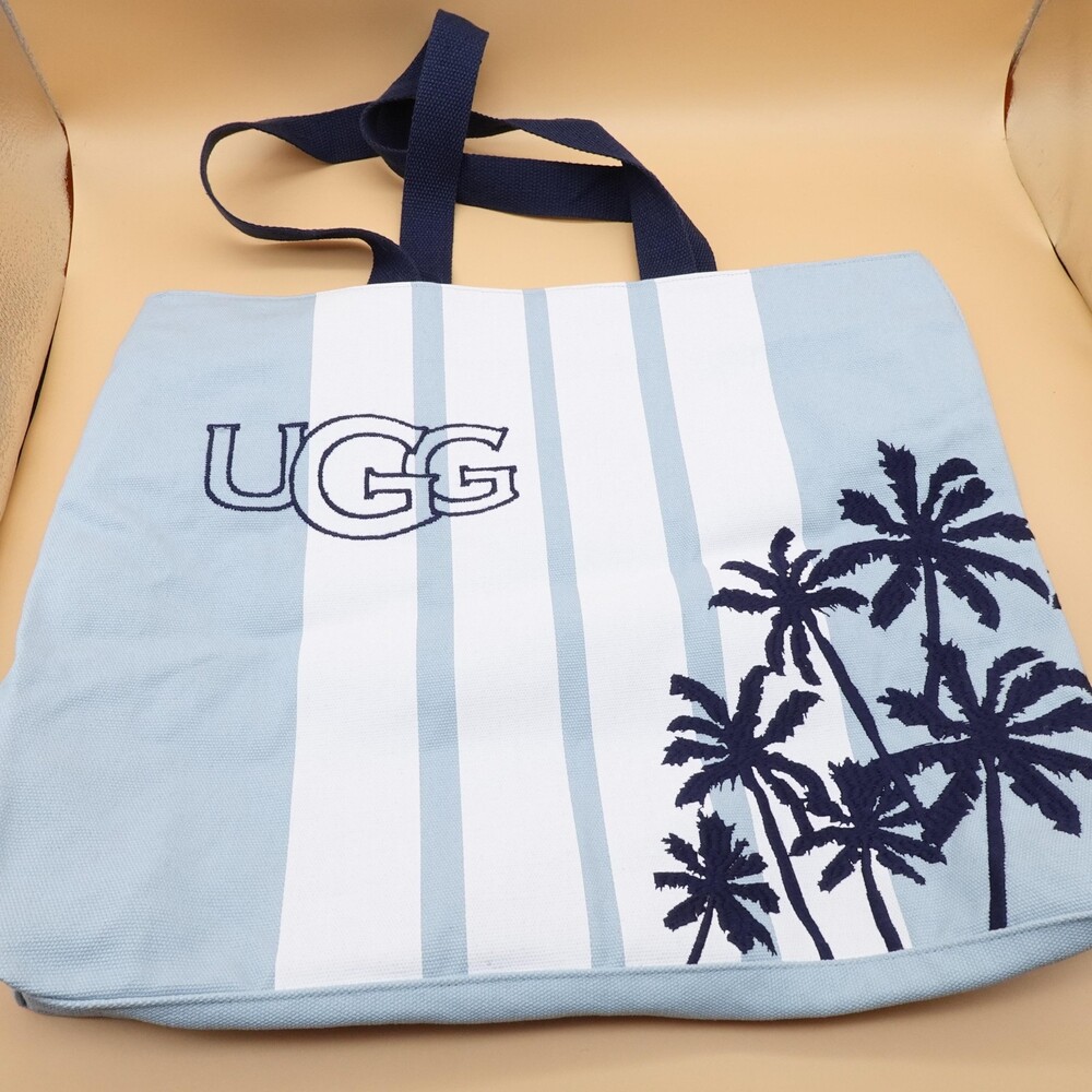 UGG Tote Bag Womens Large Palm Tree Beach Blue Striped Canvas Tropical